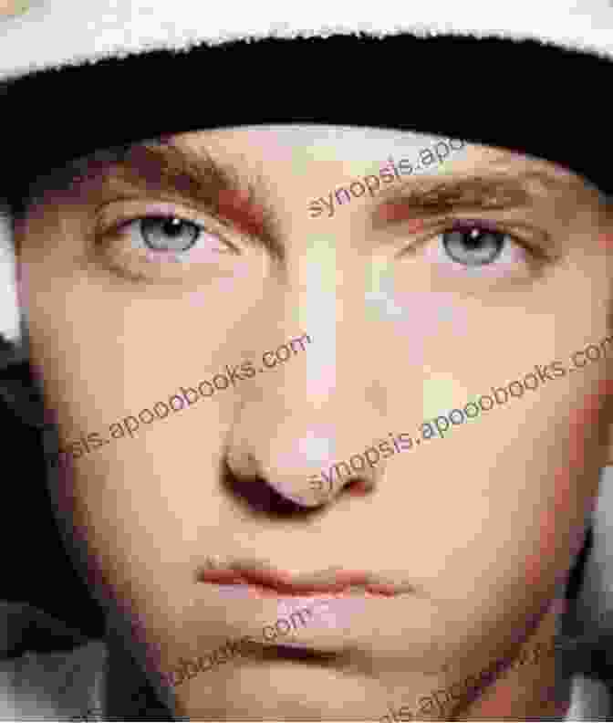 A Brooding Portrait Of Eminem, His Piercing Blue Eyes Staring Into The Camera, Capturing The Intensity And Complexity Of His Journey. The Dark Story Of Eminem