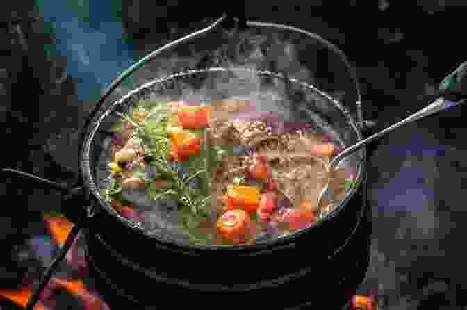 A Chef Cooks A Hearty Stew Over A Campfire, Surrounded By Happy Campers. Weekend Camping Cyr Powers